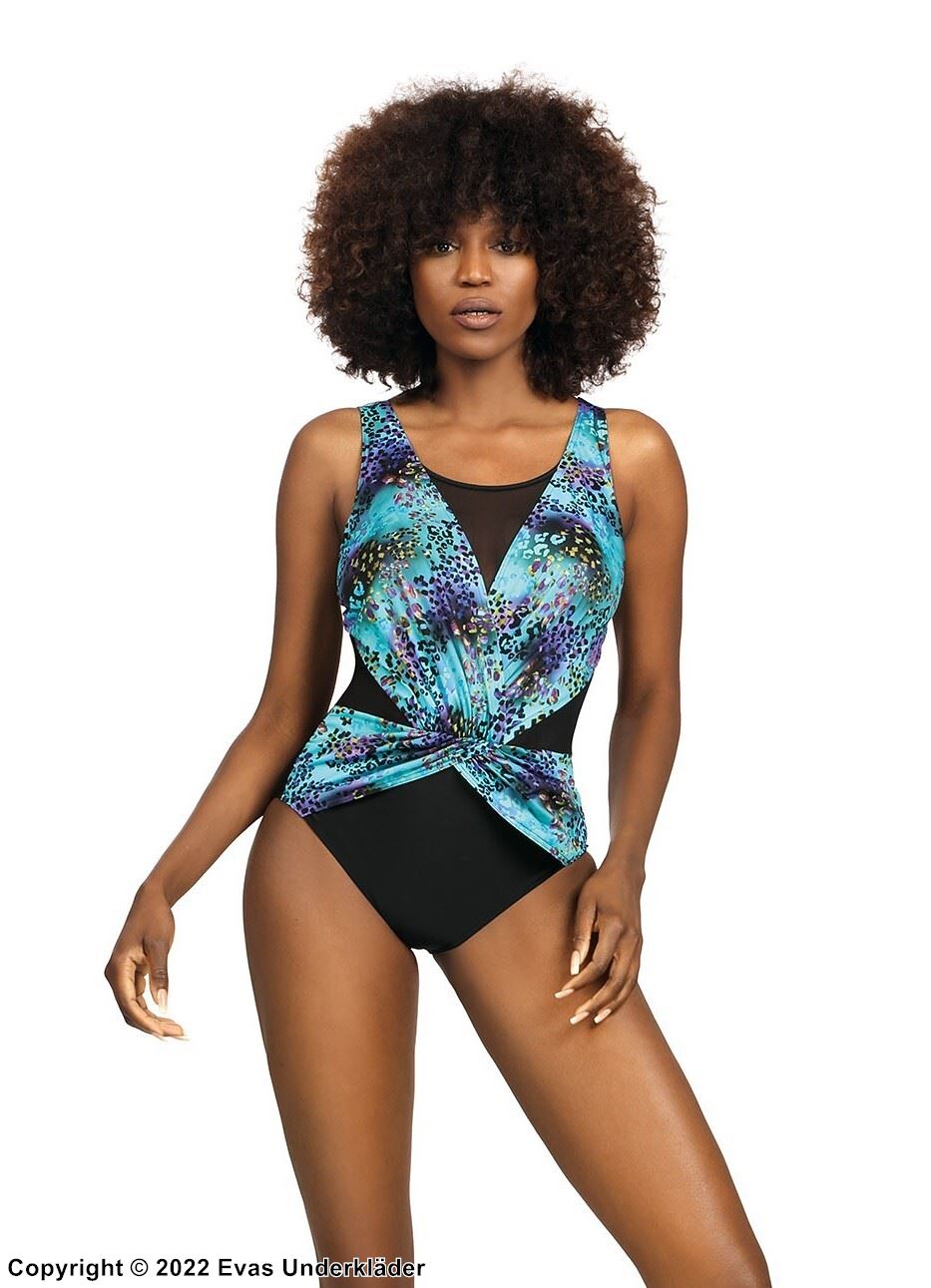 One-piece swimsuit, wide shoulder straps, mesh inlay, wrinkles, colorful leopard (pattern)